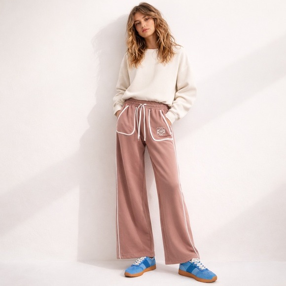 Loewe Anagram Terry Sweatpants Sand Contrast Trim Wide Leg Joggers Sz S